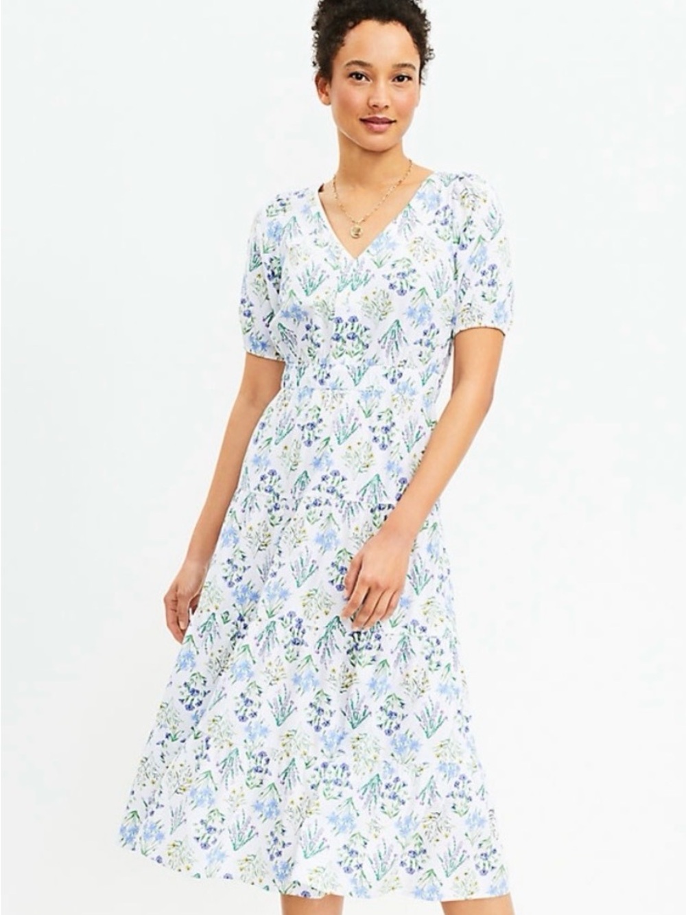 EUC LOFT Bouquet Back Cutout Midi Dress with Blue and Green Floral Print Sz SM - Picture 1 of 11